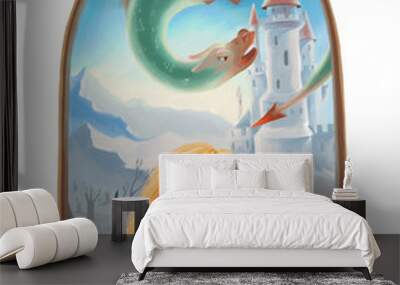 Oil illustration isolated on white background. The girl with book dreaming about a fairy tale story in the book, wich she reading. Wall mural