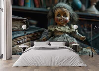 Old, creepy items like antique dolls or cursed relics with dark, ominous backgrounds Wall mural