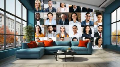 Panoramic collage of a lot of happy positive multiracial people looking at the camera. Many smiling multiethnic faces of successful business people of different ages, smiling friendly into the camera Wall mural