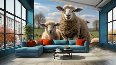 Portrait of a mother sheep posing with her shy two little lambs on the top of a Dutch dike. It is spring but the ewe still has her thick winter coat on. Generative AI Wall mural