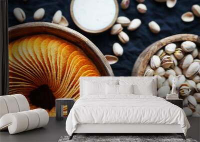 Potato chips and pistachios in wooden bowls next to sauce on a dark background Wall mural