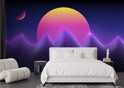 Retro background futuristic landscape 1980s style. Digital retro cyber surface. 80s party background . Retro 80s fashion Sci-Fi Background Summer Landscape. Retro cyberpunk style 80s Sci-Fi. 3D illust Wall mural