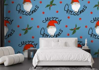 Seamless pattern for Christmas design with Santa and mistletoe, made on a blue background Wall mural