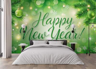 Festive Green Happy New Year Card with Holiday Decorations. Fir branches. Boke. Wall mural