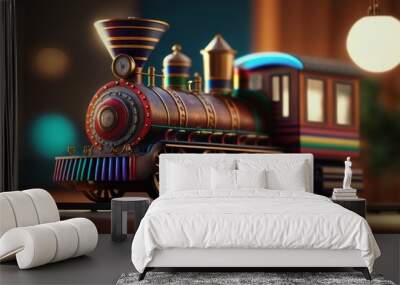 The Face Magazine Style: Photorealistic 8k View of Classic Wooden Train Set with Vibrant Colors & Abstract Portrait on Gold Background, Generative AI Wall mural