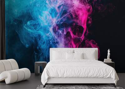 Thick colorful smoke of blue, pink in the form of a skull, monster, dragon on a black isolated background. Background from the smoke of vape Wall mural