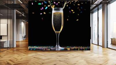 Transparent glass champagne goblet with confetti splash in form of multicolored stars on a black background. Concept of holidays, christmas, birthday and lovers day Wall mural