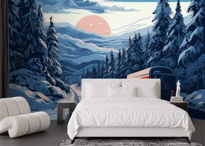 Truck on winter road with snow and fog. Wall mural