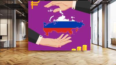 Two female hands around the map of Russian Federation in national flag colors Wall mural