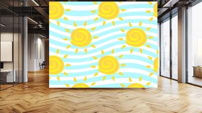 Vector seamless pattern with yellow sun with Ayurveda ether sign on marine background. Cute summer colorful wallpaper. For textile and fabric, cover, print on clothes. Wall mural