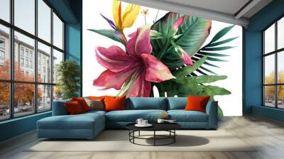 Watercolor bouquet of tropical flowers and leaves on white background Wall mural