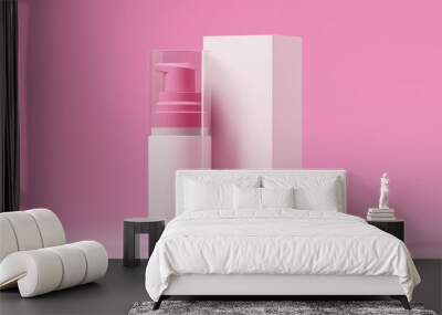 Cosmetic dispenser with cardboard box on a pink background. Mock up. 3d rendering Wall mural