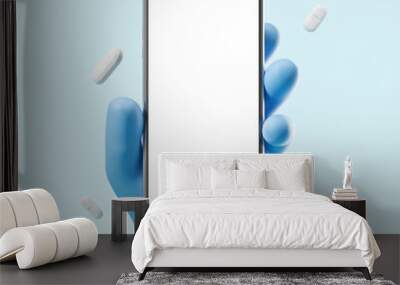 Doctor's cartoon hand holding a smartphone with a white blank screen. Mock up. 3d rendering Wall mural