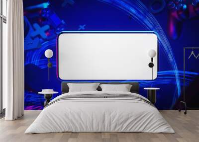 Smartphone with blank white screen, a standard gamepad, headphones, game console, a virtual reality in the air on a blue background with lines. Mock up. 3d rendering Wall mural