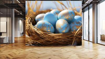 Easter eggs, Nest filled with blue and white Easter eggs surrounded by feathers. Wall mural