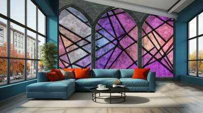 pink purple modern geometric stained glass in three pointed arches with shadows Wall mural