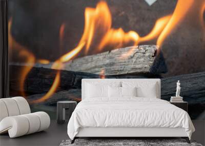 Hot charcoal with orange fire flames burning close-up. Outdoors hot fireplace burning Wall mural