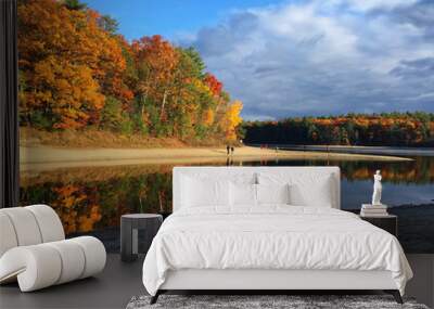 Peak Fall foliage around Walden Pond on a crisp Autumn day in Concord Mass Wall mural