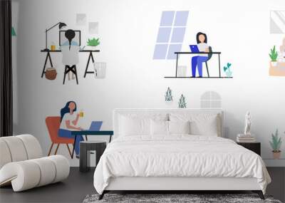 Work at home.freelance working online from home.illustrated. Wall mural