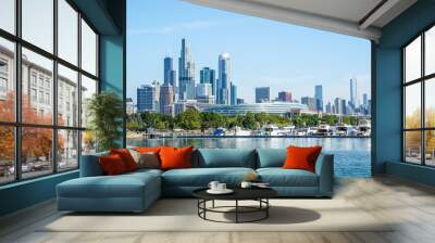 Cityscape view from a bike trail at the McCormick Place in Chicago, Illinois. Lake Michigan, landscape. Boat marina. Wall mural