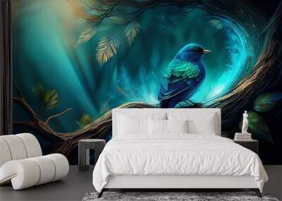 Beautiful turquoise background with a blue bird on the tree in a magical fairytale elvish forest.  Wall mural