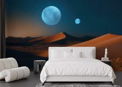 Imaginary planet landscape. Sand desert with gigantic dunes and mountains, two moons in the sky. Wall mural