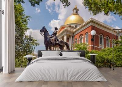 Bronze statue of General Joseph Hooker at the entrance of Massachusetts State House, Boston, Beacon Hill, Massachusetts, USA. Wall mural