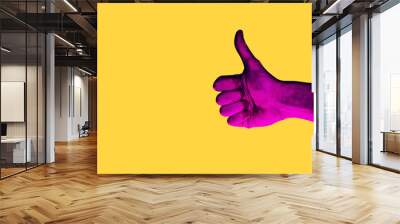 Isolated hand photo on yellow background. Pink hand collage style. Bright pop art template with space for text. Creative minimalistic backdrop. Poster, banner idea. Gestures with fingers Wall mural