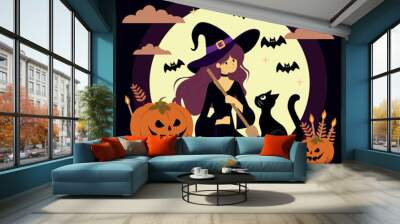 witch with black cat and pumpkin, halloween scene, with bats and moonlight Wall mural