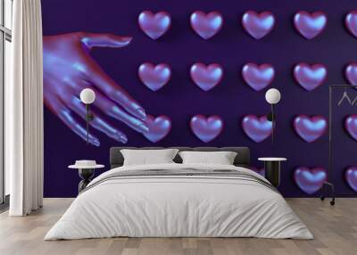 Valentines day hand touch heart pattern background 3d illustration rendering. Holographic neon color flat lay. Wall mural