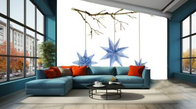 Watercolor illustration of Christmas blue stars decoration elements on the branch. Hand-drawn illustration on the white background Wall mural