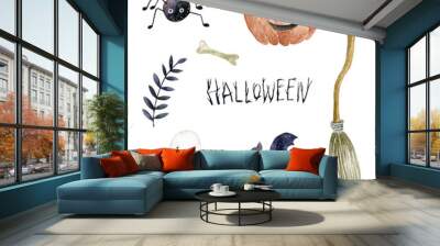 Watercolor illustration on the white background. Set of icons: pumpkin, spider, bat, ghost, broom, bone, branch. Hand-drawn illustration. Wall mural