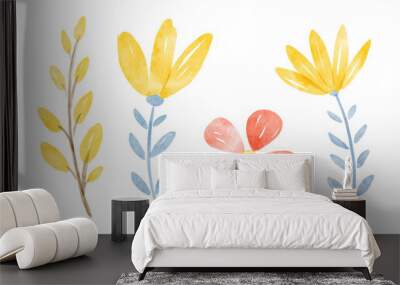 Watercolor set of simple flowers. Hand-drawn illustration isolated on the white background Wall mural