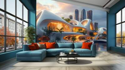 3d render of abstract art architecture building in futuristic modern organic curve and wavy lines formas based on glass and white glossy plastic materials with palm trees and skyscrapers on the back   Wall mural