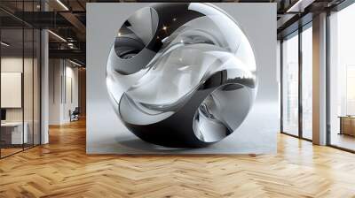 3d render of abstract art with surreal 3d organic ball in curved wavy smooth and soft bioforms in dark metal material with glass parts, with dispersion effect on grey background	
 Wall mural