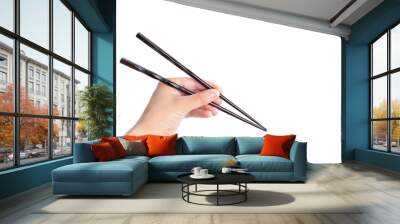 Hand holding black chopsticks isolated on white Wall mural