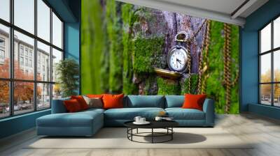 Open pocket watch on a tree trunk background Wall mural