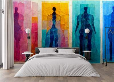 Human Silhouette Paper Art Whimsical Bright Colors Wall mural