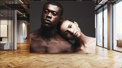 Portrait, balck man or woman in skincare, dermatology or beauty as health, wellness or love. Interracial couple, glow or face as healthy, aesthetic or diversity in bonding together on grey background Wall mural