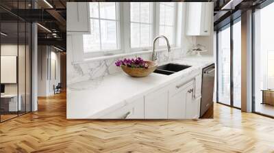 white marble kitchen sink with flowers Wall mural