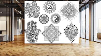 Big set of Mehndi flower pattern, mandala, mantra OM, Yin-yang symbol and Hamsa for Henna drawing and tattoo. Decoration in ethnic oriental, Indian style. Wall mural