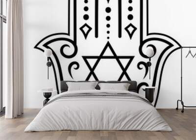 Hamsa hand drawn symbol with flower and the Star of David. Decorative pattern in Eastern Jewish style for interior decoration and henna drawings. The ancient sign of 