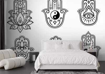 Set of Hamsa hand drawn symbol, lotus flower, Yin-Yang and OM sigils. Decorative pattern in oriental style for interior decoration and henna drawings. The ancient sign of 