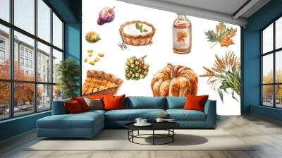 Different food for Thanksgiving dinner vector illustrations set. Top view of plates with different meals, baked turkey, pies, corn isolated on white background. Wall mural