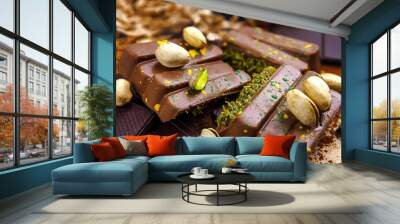 Dubai Chocolate bar with green kadayif and pistachio spread with pistachio nuts close up Wall mural