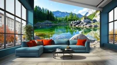 Scenic view of Double lake or Dvojno jezero in Triglav lakes valley in Julian alps and Triglav national park Wall mural