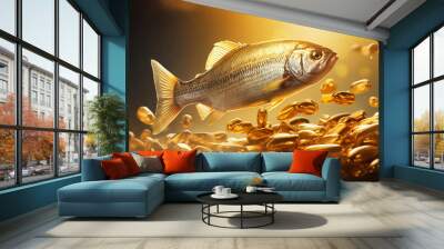 Fish oil pills and fresh fish on light background Wall mural