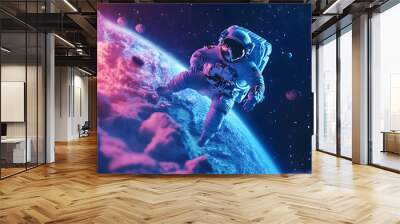 graphics of space, planets, and astronauts on a white background. Wall mural