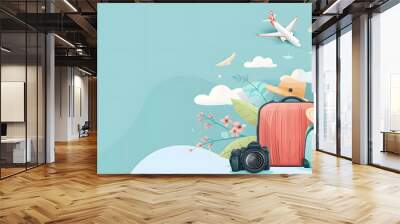 Summer holiday background with hat, plane, suitcase and copy space. Wall mural