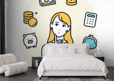 投資について考える若い女性のシンプルなベクターイラスト素材 Wall mural